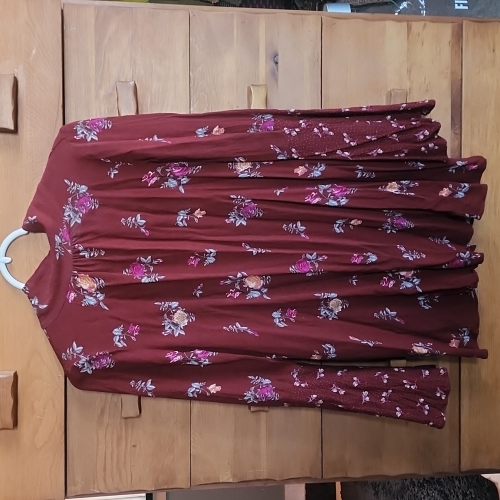 Free People: Tate Floral Print Mock Neck Bell Sleeve Tunic, Dark red